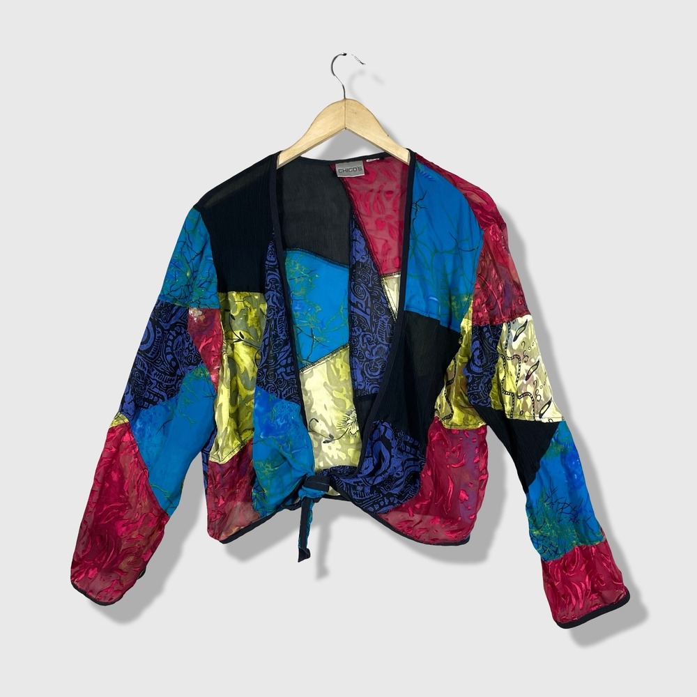 Chicos Patchwork Burnout Tie Front Top Women L Mu… - image 1